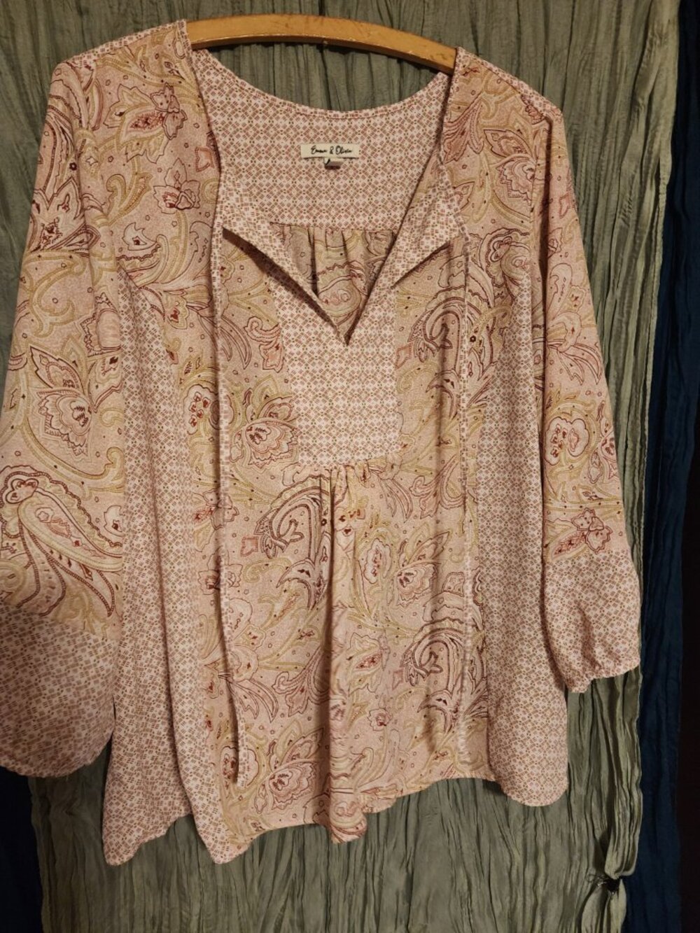 Emma & Olivia Paisley Patchwork Peasant Blouse Medium Pink Boho Top